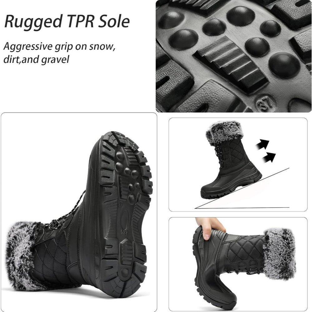 Women's Black Waterproof Winter Boots Warm Fur Lined Anti Slip Mid Calf - Picture 4 of 5